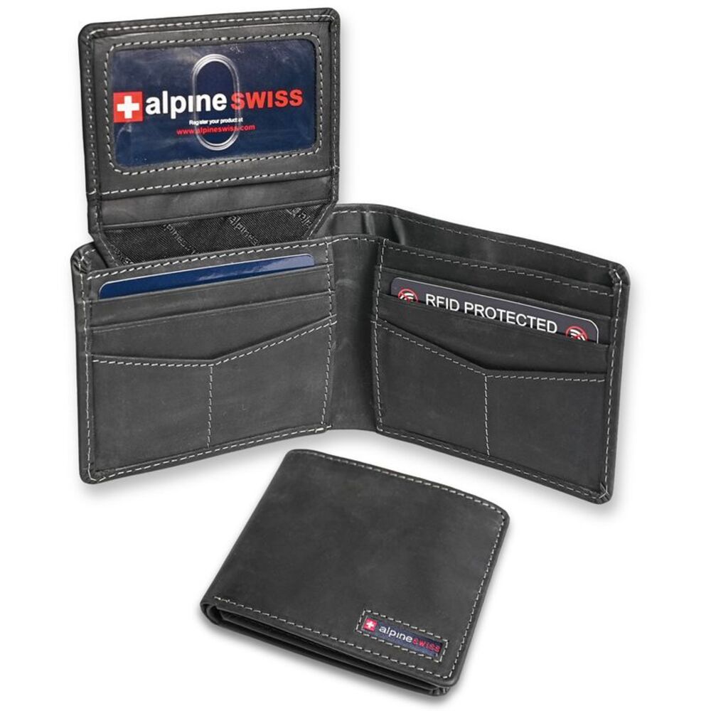 Alpine Swiss Mens Genuine Leather RFID Safe Bifold Wallet Passcase 2 ID Windows